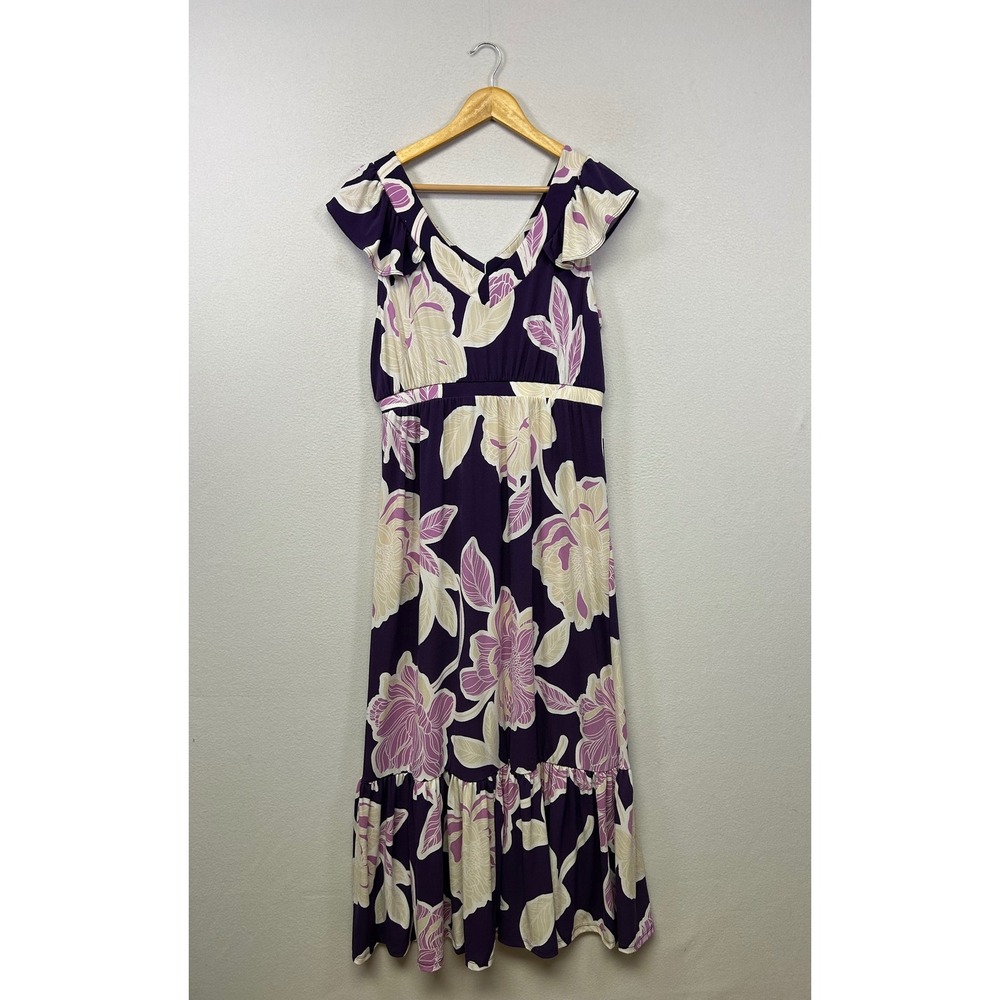 Boho Floral IMAN Womens LP Purple Flutter Sleeve Tiered Maxi Dress